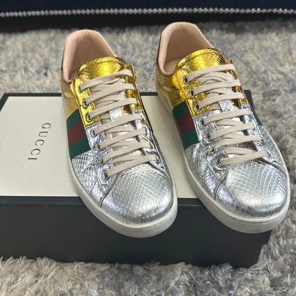 Gucci Shoes Gucci Mens Metallic Gold Silver Sneaker Original